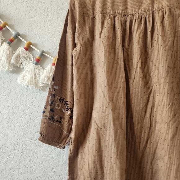 J. Jill Floral Embroidered Button Up Half Sleeve Brown Top Boho Modest Prairie S - Picture 9 of 11